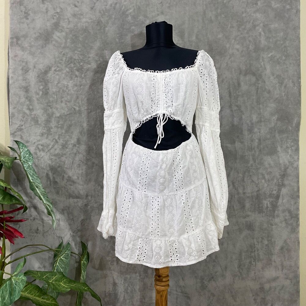 Sabo embroidered Eyelet Milkmaid Dress Size M white cut out Long Sleeve Lined